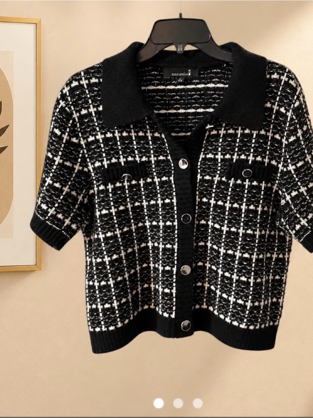 Black & White Tweed Short-Sleeve Knit Cardigan with Collar